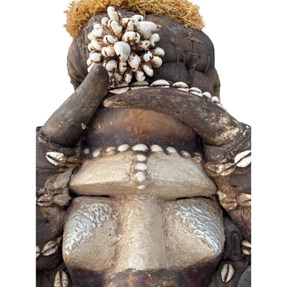 African Tribal Mask With Cowrie Shells Handcrafted Wooden Wall Decor - Picture 11 of 16